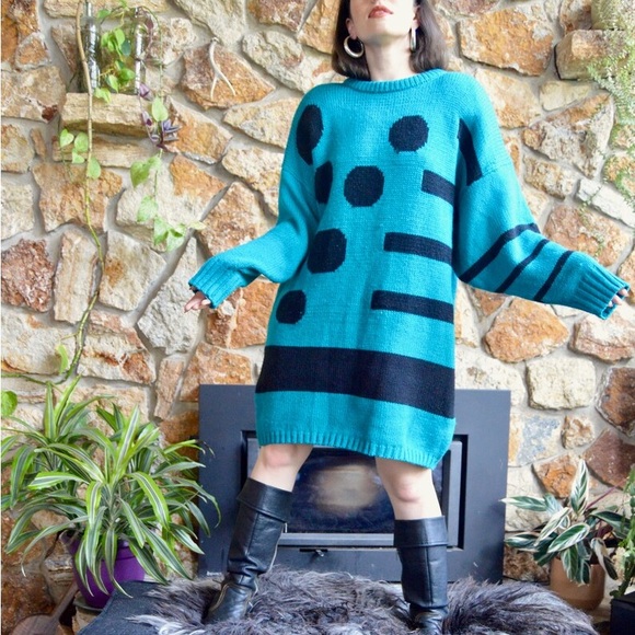 Vintage 80's Turquoise Green Abstract Pop Art Short Oversized Sweater Dress - Picture 2 of 6
